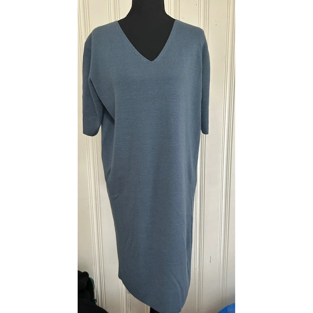 NWOT Eileen Fisher M Blue 100% Wool Minimalist Luxury V-Neck Short Sleeve Dress